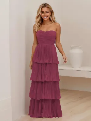 Aliana Stylish Strapless Tiered Long Wedding Guest Dresses