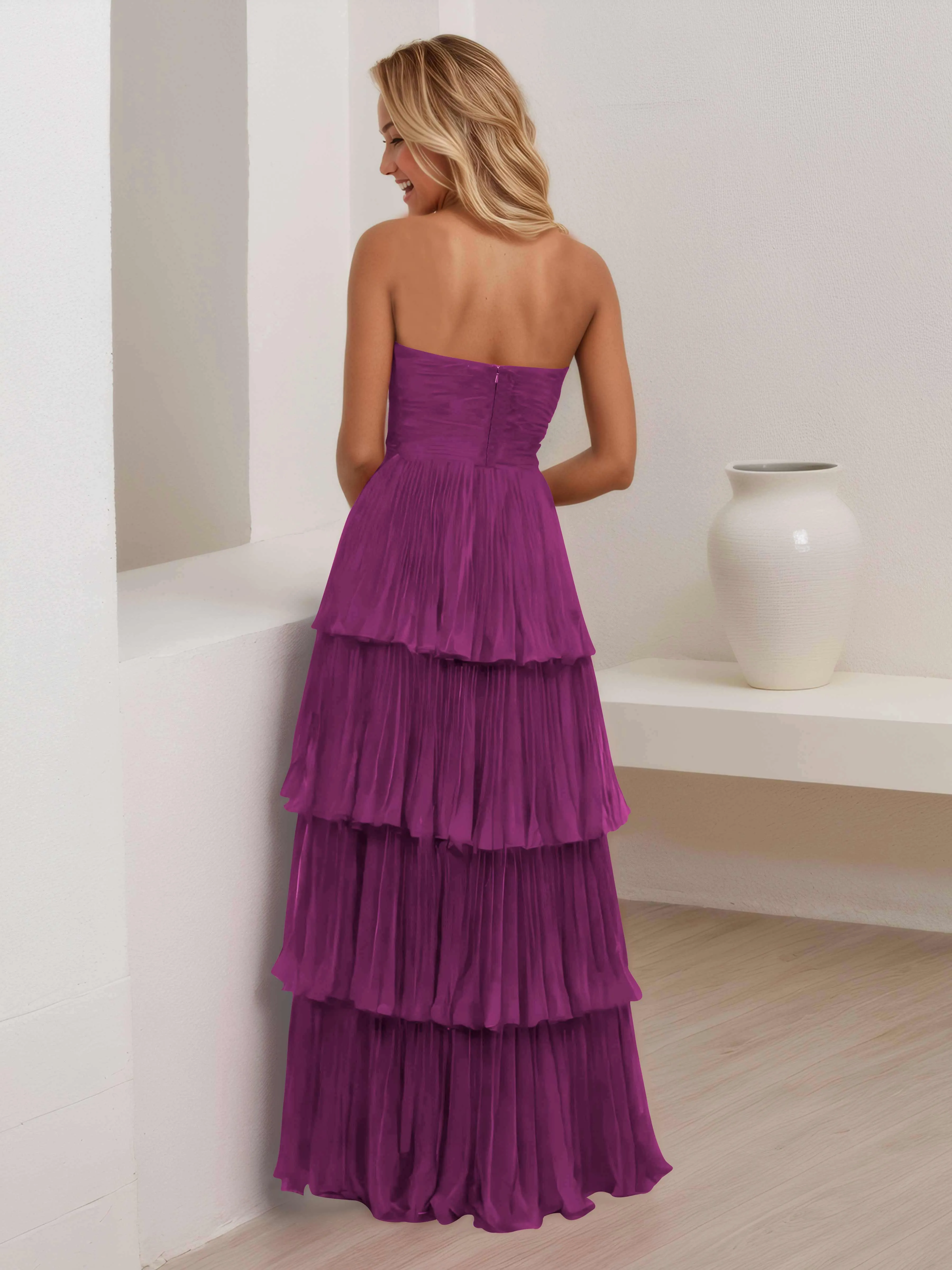Aliana Stylish Strapless Tiered Long Wedding Guest Dresses