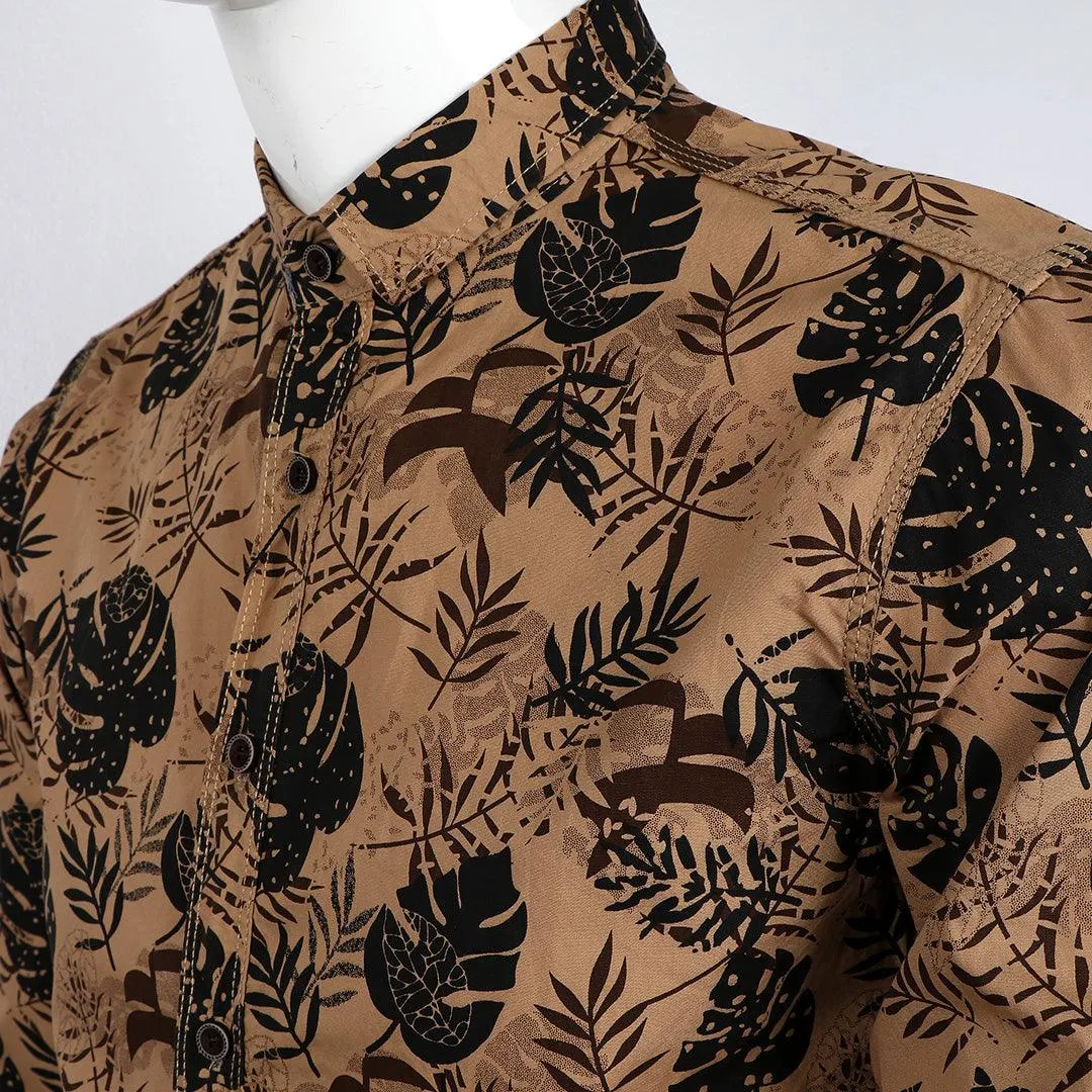 Bajiel  Classic Vintage Brown Floral Print Long Sleeve Shirt