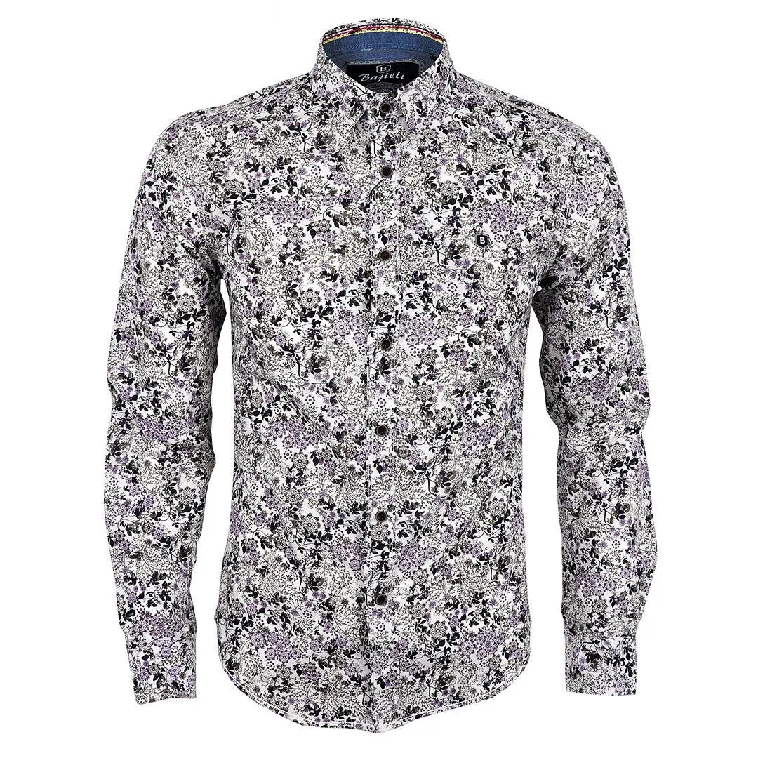 Bajieli Man's Vintage Floral Printed Shirts White  Long Sleeve