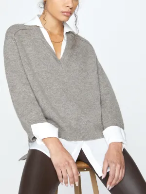 Brochu Walker - V-Neck Layered Pullover in Otter Melange w/ White Beige