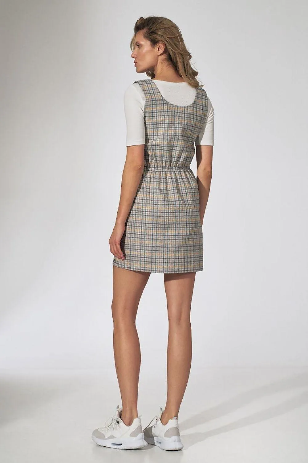 Chic Checkered Midi Dress with Stylish Braces and Functional Pockets