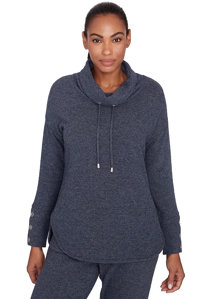 Cozy Season Drawstring Cowl Neck Heathered Top