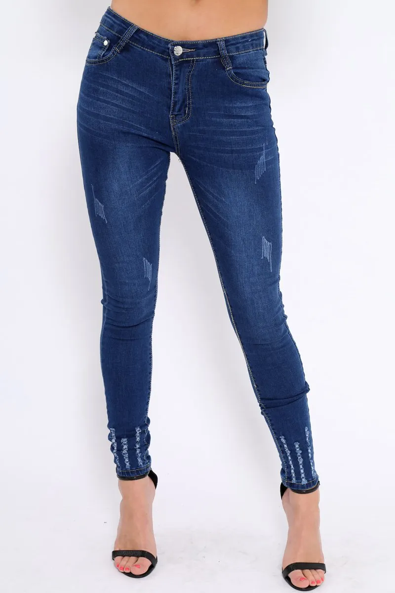 Dark Blue Denim Frayed Skinny Jeans - Alma