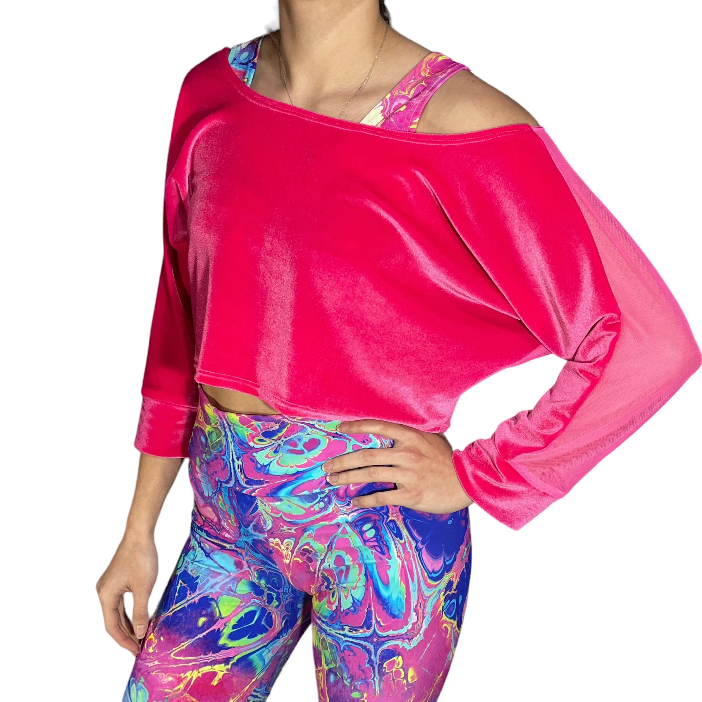 Dolman Crop Top in Hot Pink Velvet and Pink Mesh