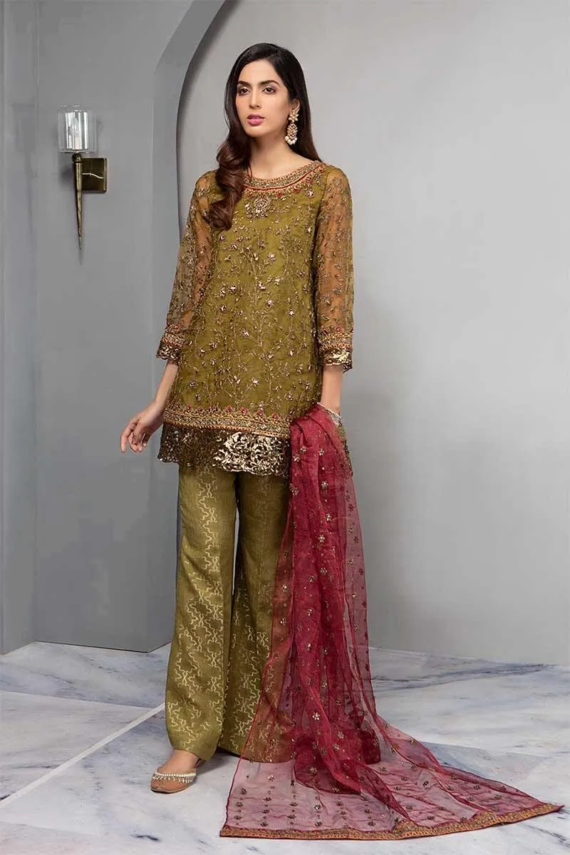 Eid Stylish Outfit In Mehndi Green And Maroon Color Model# P 1834