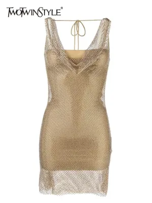 Elegant Backless Diamond Patchwork Dress with Stylish Collar - A Fashion Essential for Women