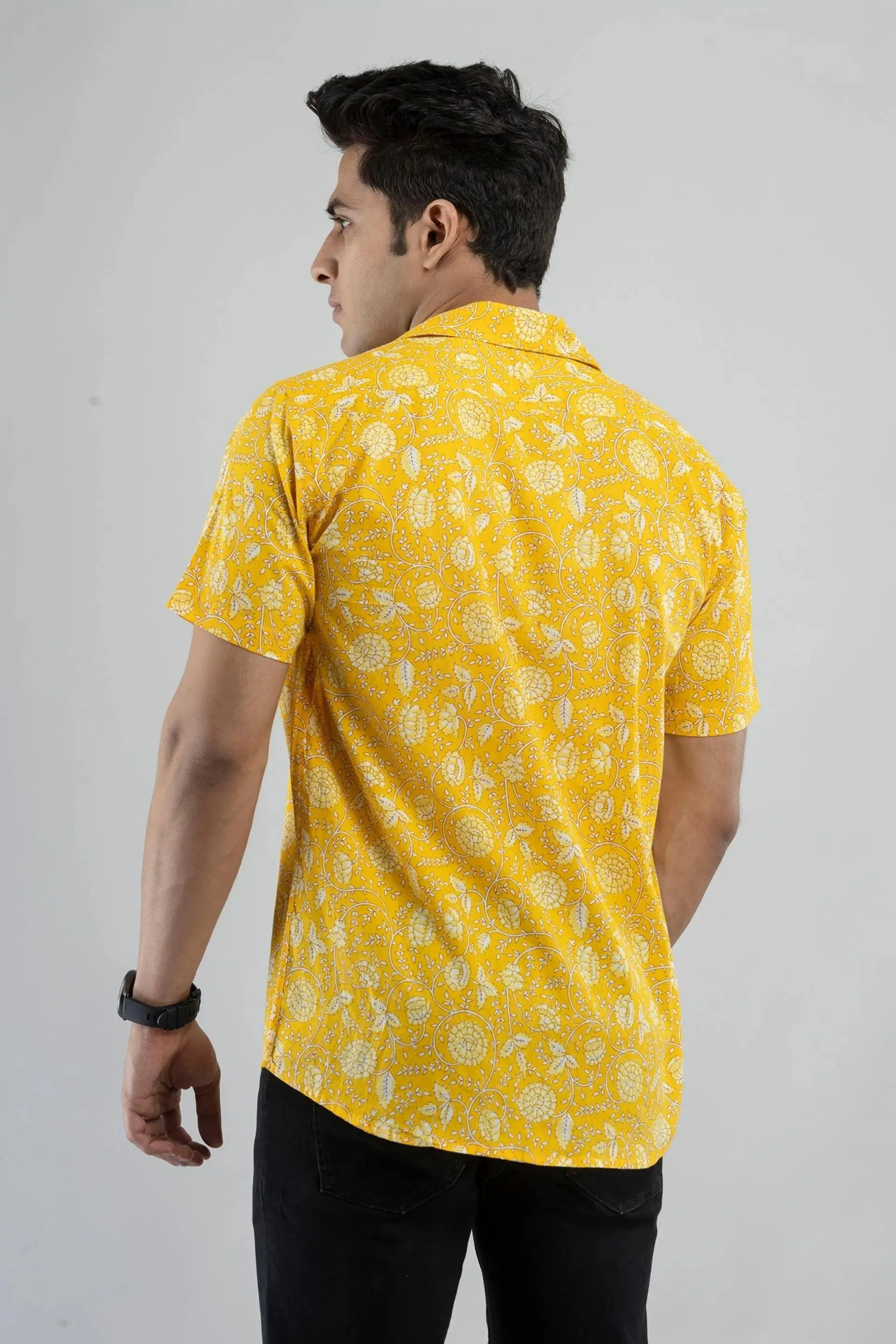 Firangi Yarn 100% Jaipuri Cotton Block-Printed Cuban Collar Shirt-Yellow