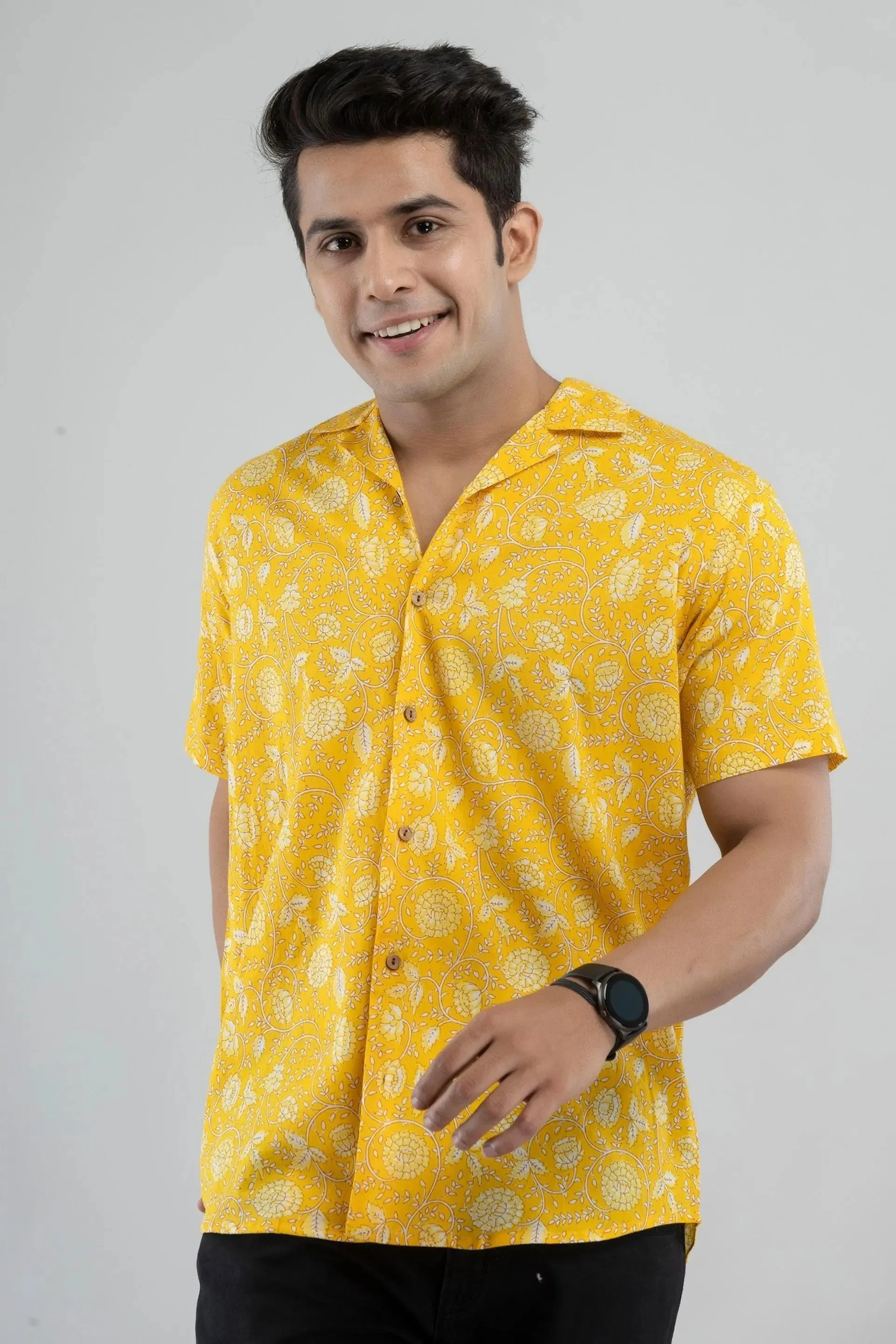 Firangi Yarn 100% Jaipuri Cotton Block-Printed Cuban Collar Shirt-Yellow