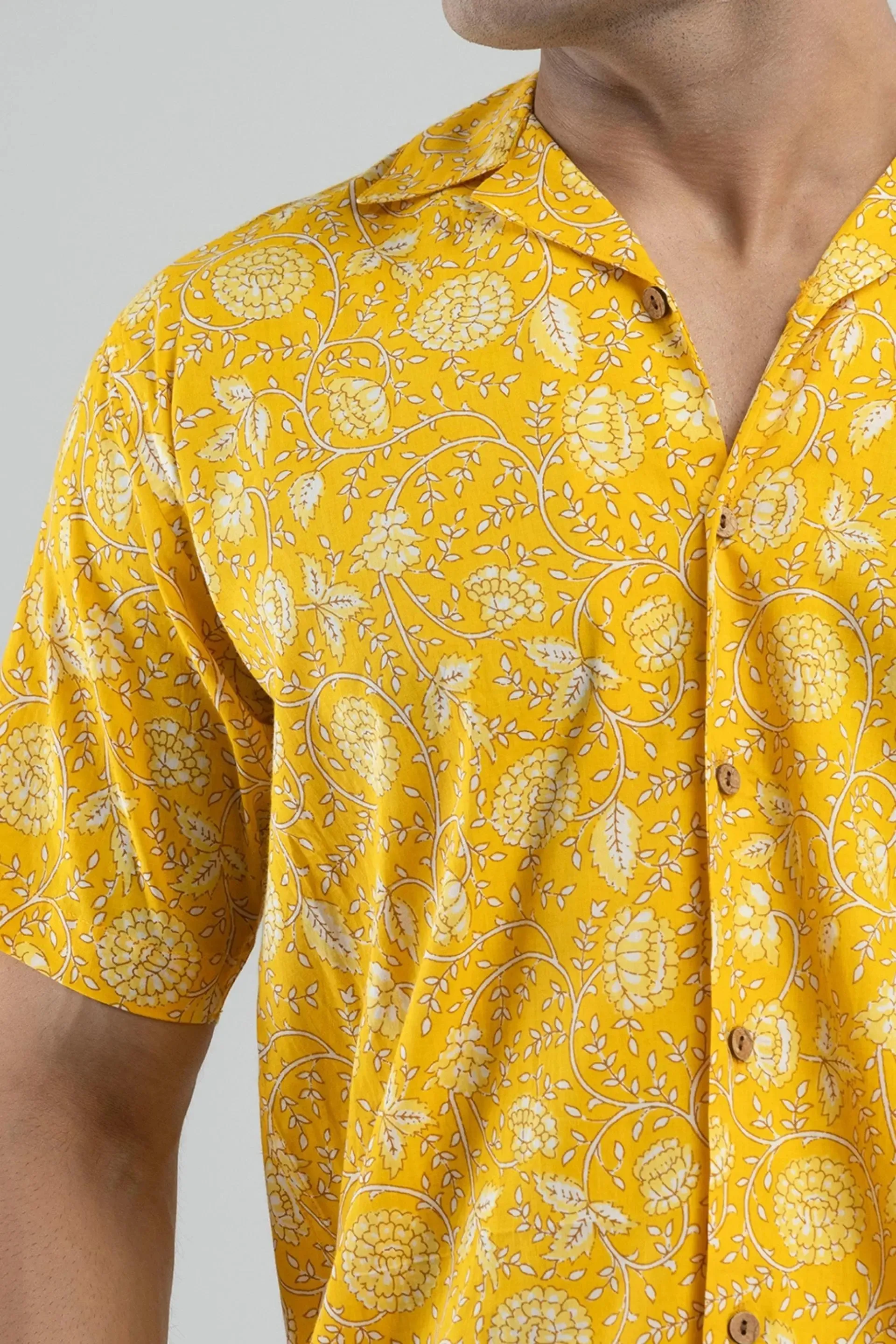 Firangi Yarn 100% Jaipuri Cotton Block-Printed Cuban Collar Shirt-Yellow