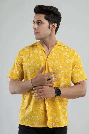 Firangi Yarn 100% Jaipuri Cotton Block-Printed Cuban Collar Shirt-Yellow