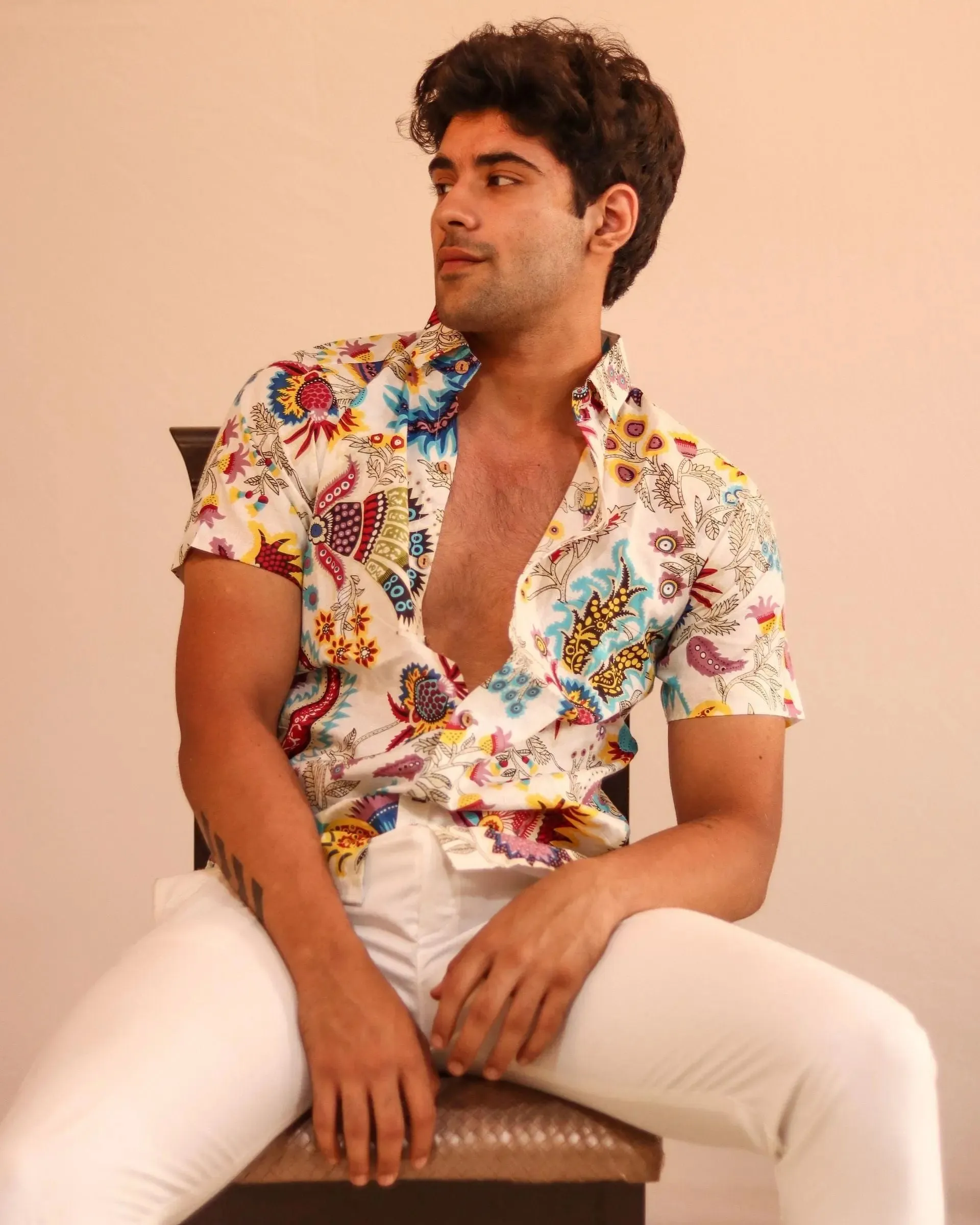 Firangi Yarn Block Printed Cotton White Chintz Art Printed Shirt For Men