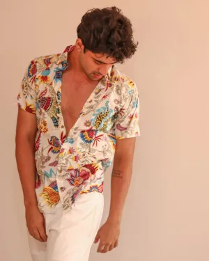 Firangi Yarn Block Printed Cotton White Chintz Art Printed Shirt For Men