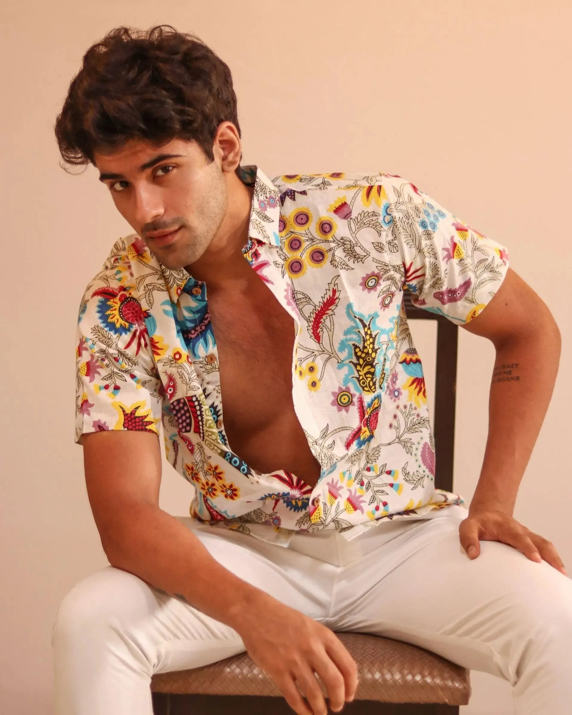 Firangi Yarn Block Printed Cotton White Chintz Art Printed Shirt For Men