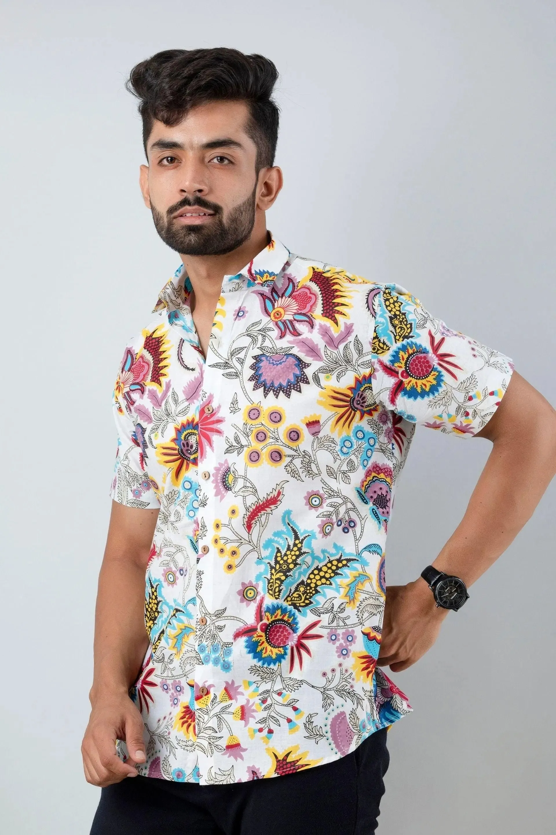 Firangi Yarn Block Printed Cotton White Chintz Art Printed Shirt For Men