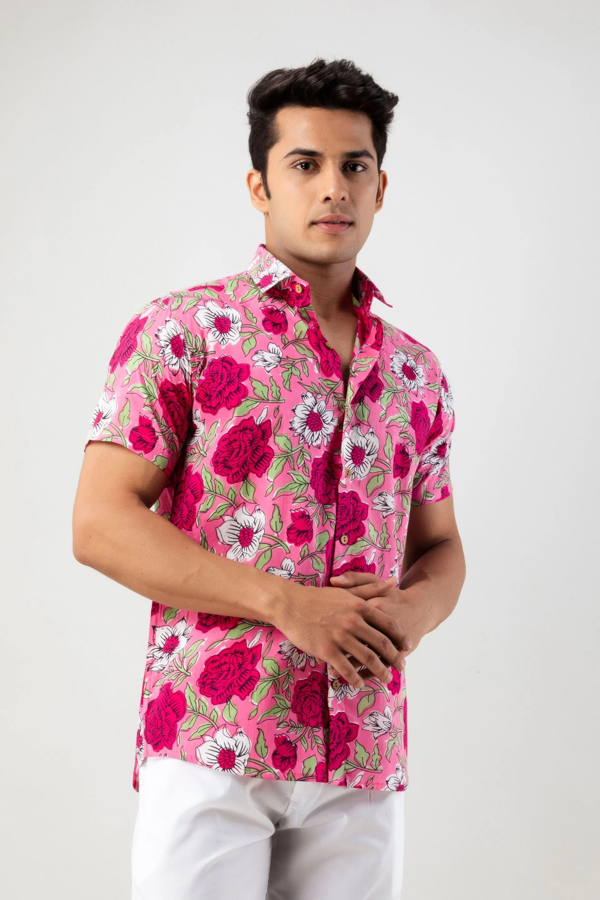 Firangi Yarn Pink Rosery Cotton Shirt For Men - Half Sleeves