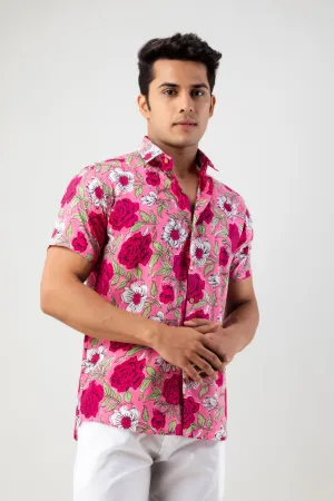 Firangi Yarn Pink Rosery Cotton Shirt For Men - Half Sleeves