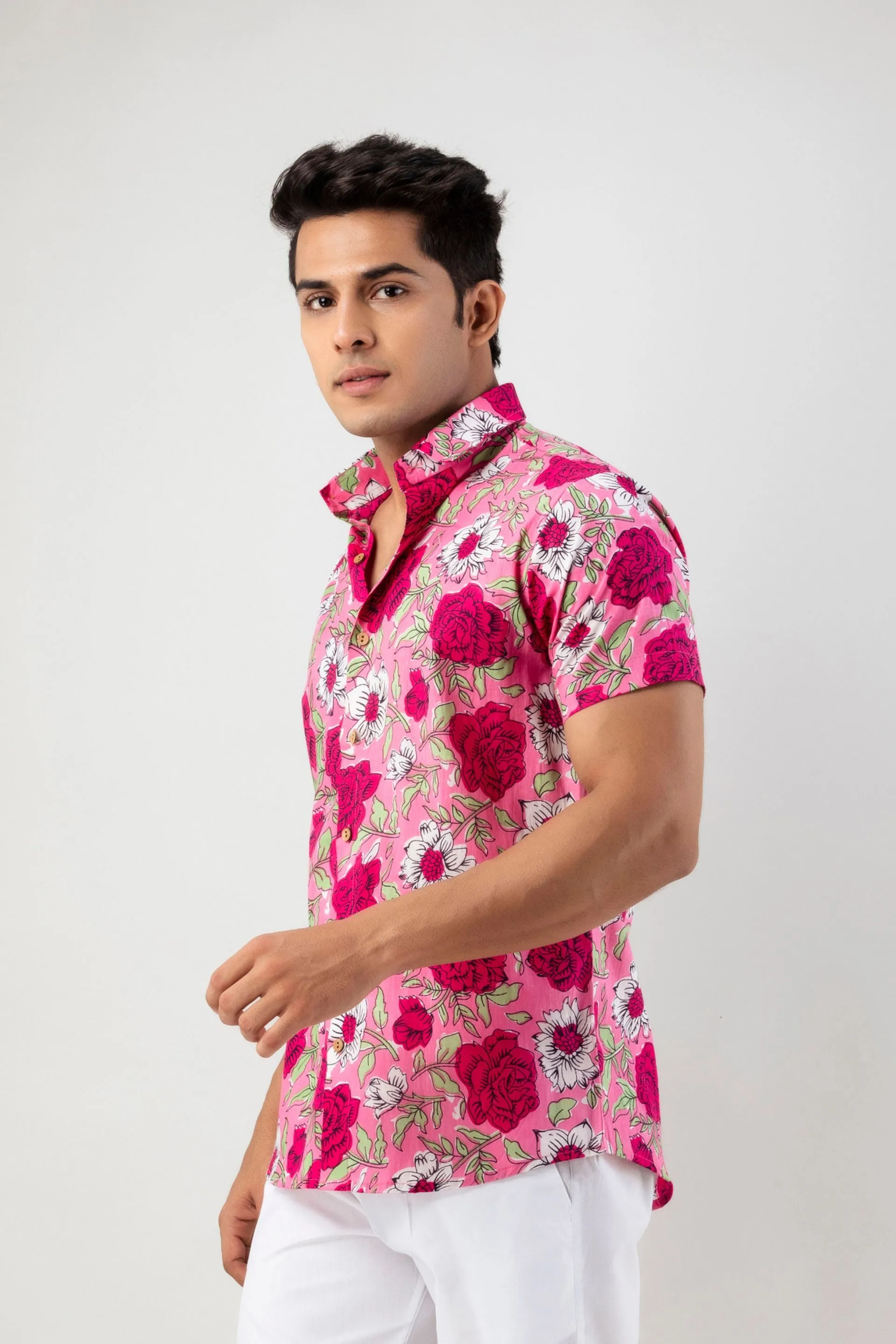 Firangi Yarn Pink Rosery Cotton Shirt For Men - Half Sleeves