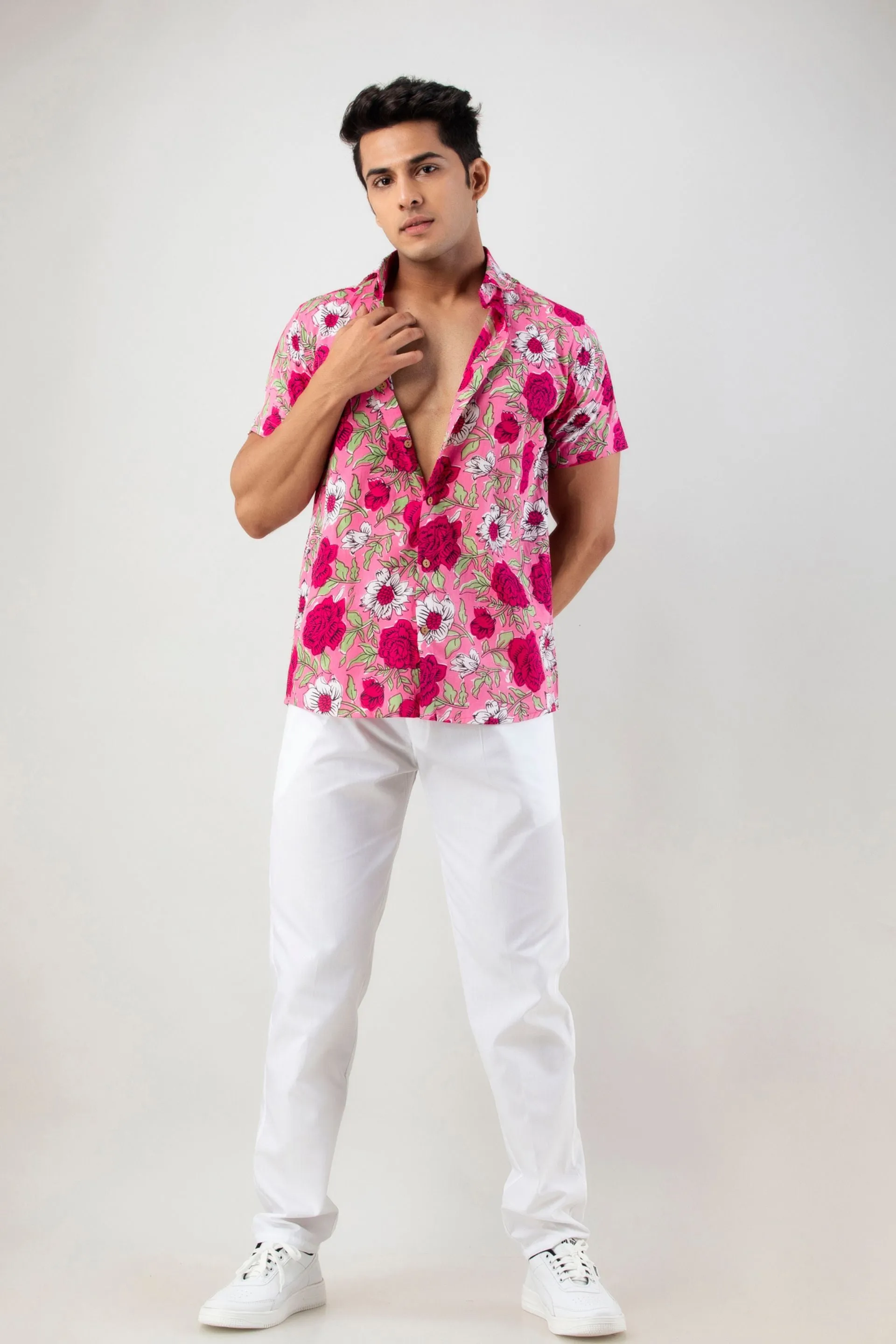 Firangi Yarn Pink Rosery Cotton Shirt For Men - Half Sleeves