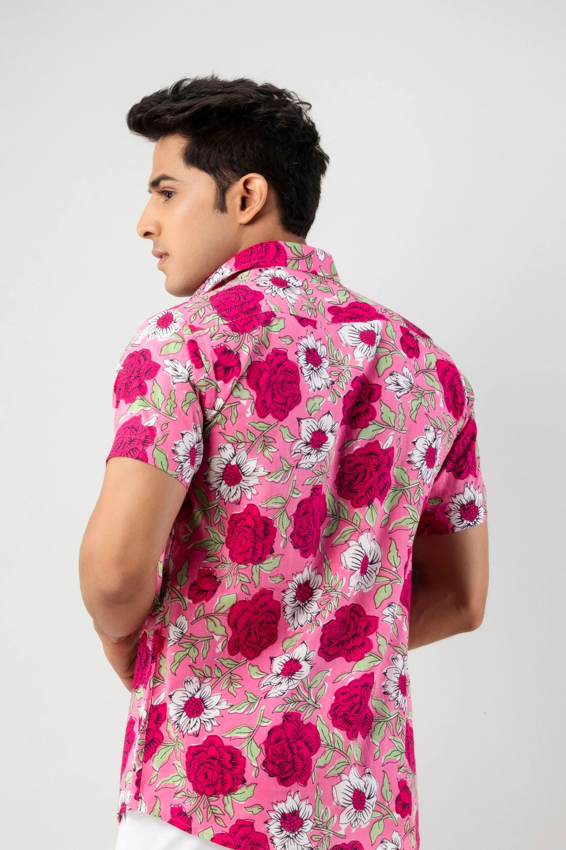 Firangi Yarn Pink Rosery Cotton Shirt For Men - Half Sleeves