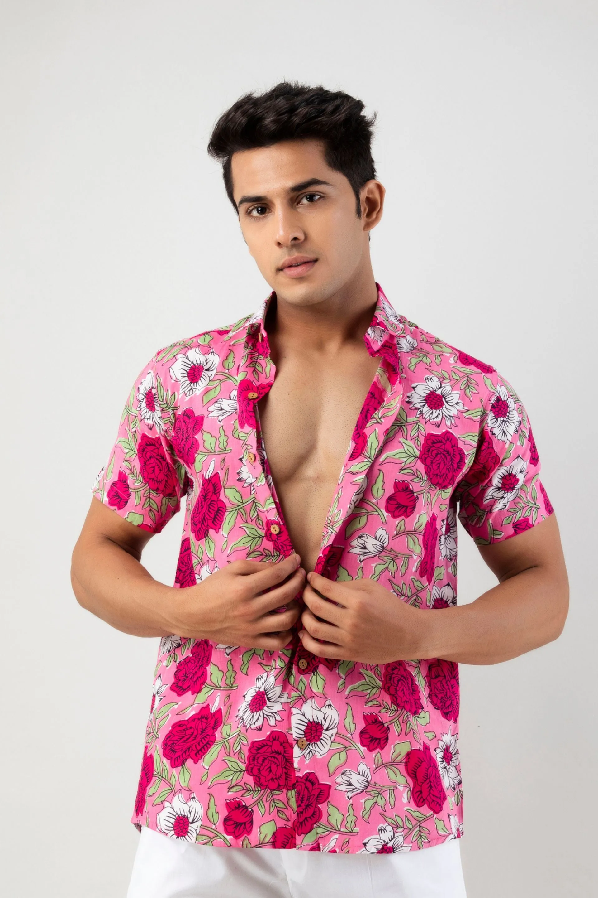 Firangi Yarn Pink Rosery Cotton Shirt For Men - Half Sleeves