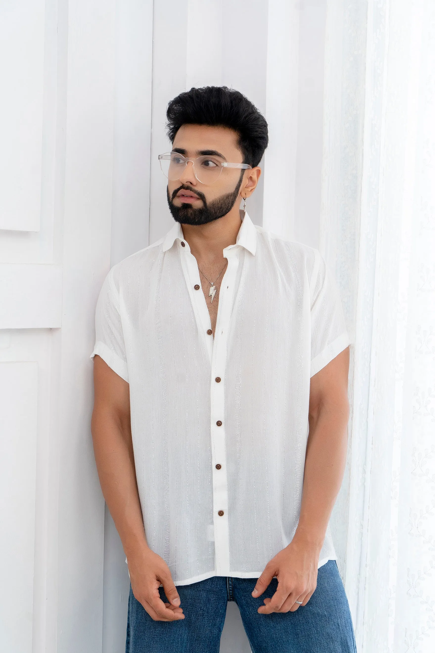 Firangi Yarn Relaxed Fit Super Flowy Re-engineered Cotton Lurex- Half Sleeves Party Shirt White and Silver