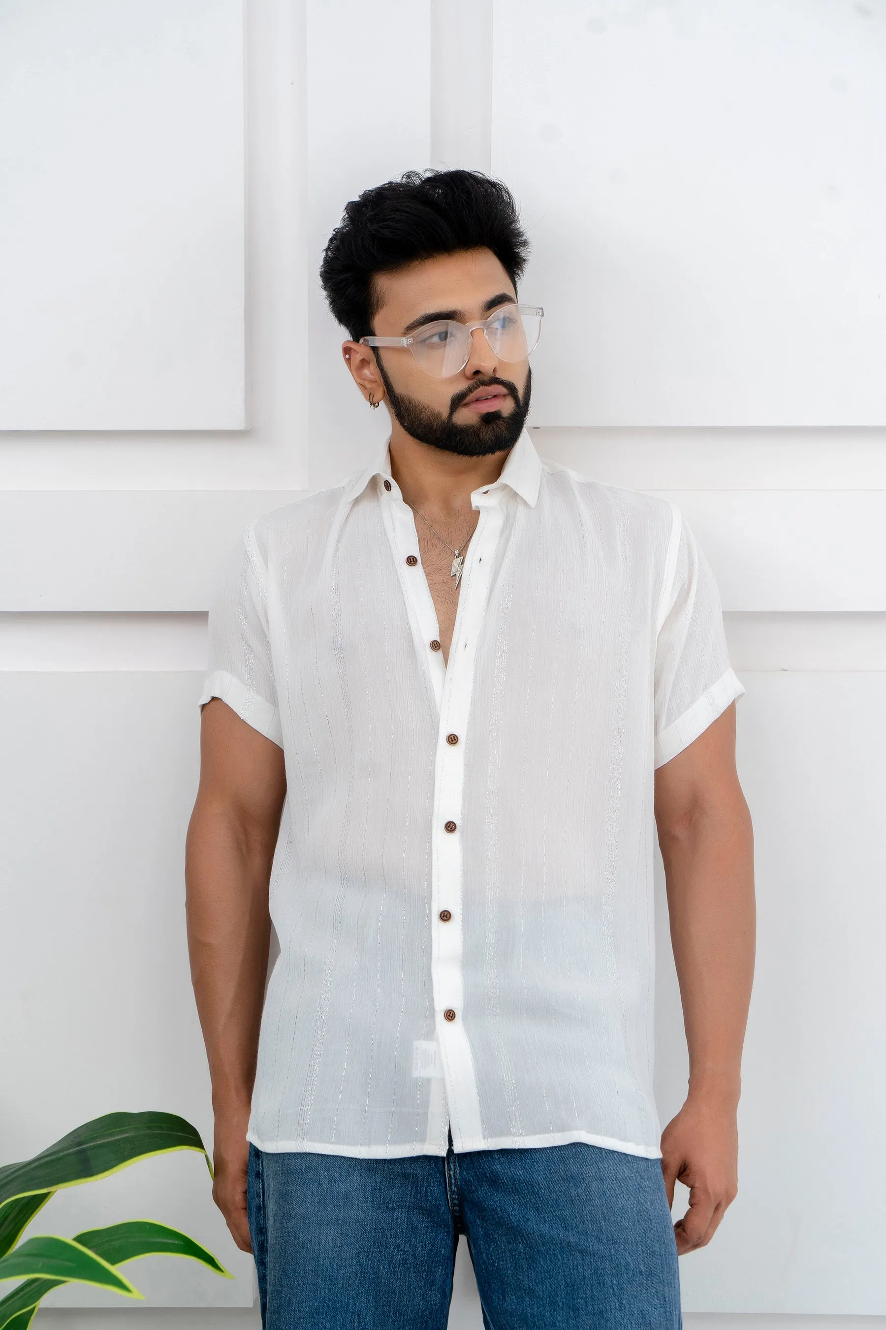 Firangi Yarn Relaxed Fit Super Flowy Re-engineered Cotton Lurex- Half Sleeves Party Shirt White and Silver