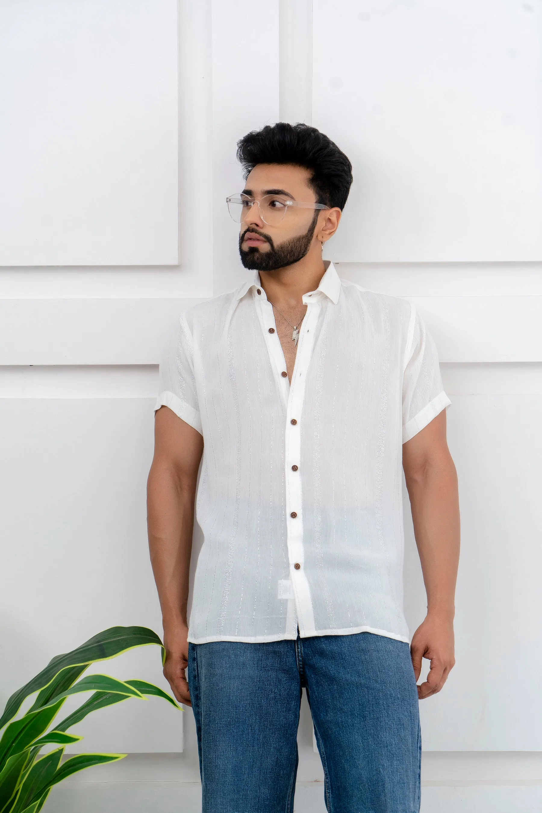 Firangi Yarn Relaxed Fit Super Flowy Re-engineered Cotton Lurex- Half Sleeves Party Shirt White and Silver