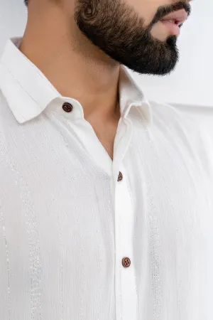 Firangi Yarn Relaxed Fit Super Flowy Re-engineered Cotton Lurex- Half Sleeves Party Shirt White and Silver