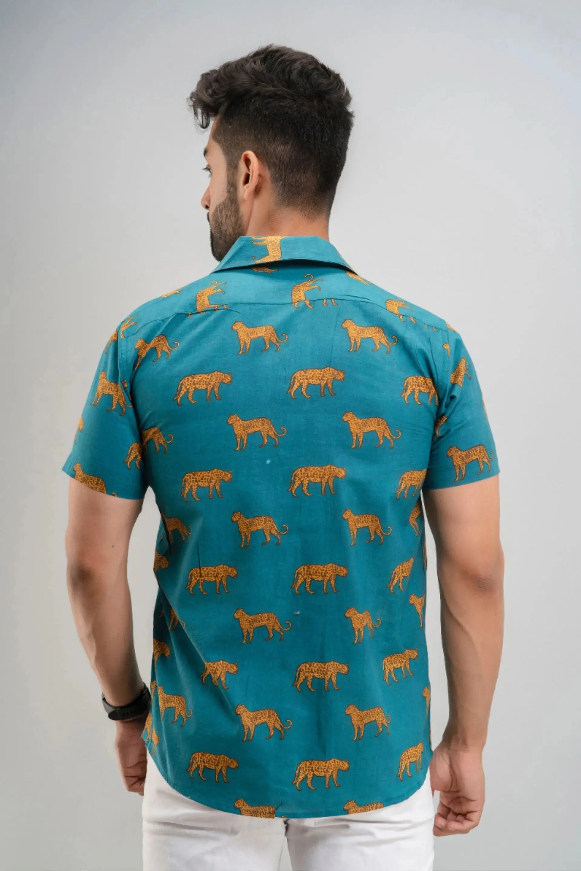 Firangi Yarn Tiger Block Printed Cotton Turquoise Cuban Collar Shirt For Men