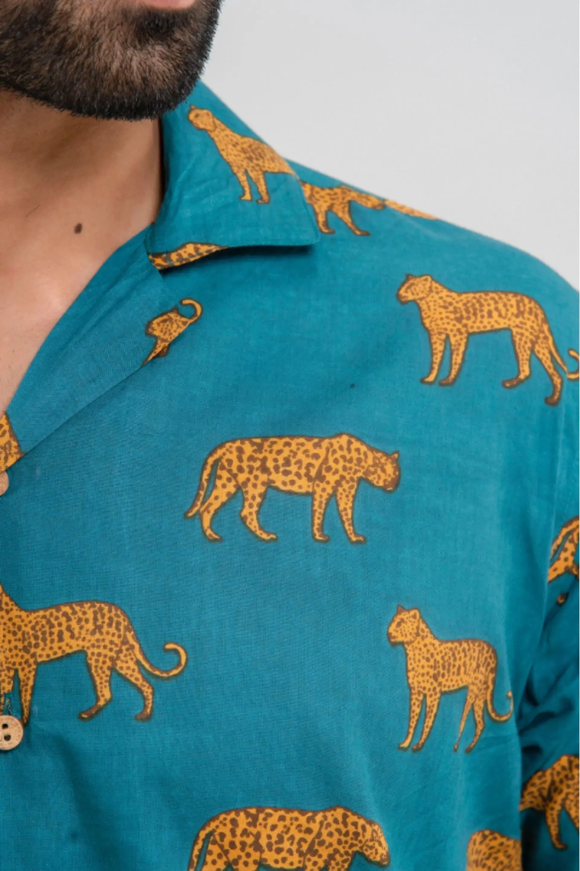 Firangi Yarn Tiger Block Printed Cotton Turquoise Cuban Collar Shirt For Men