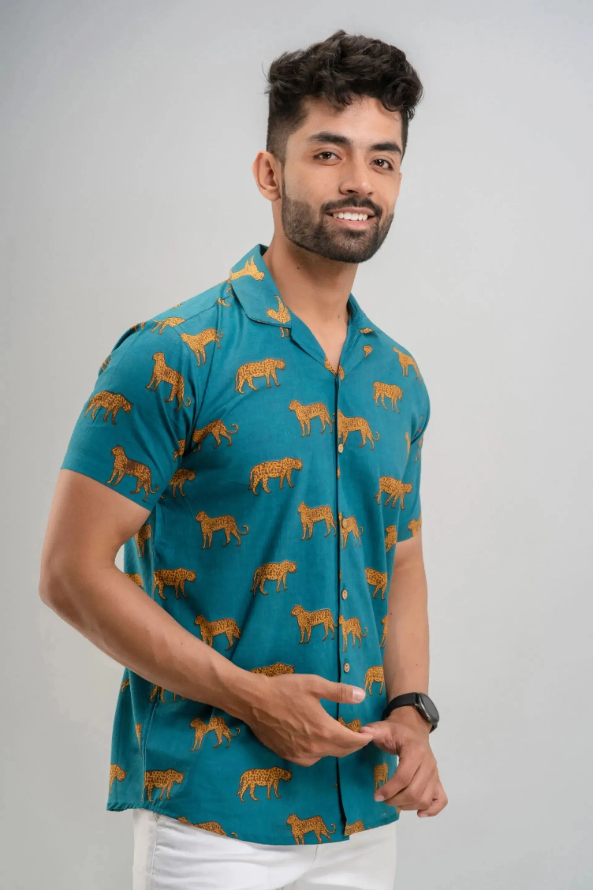 Firangi Yarn Tiger Block Printed Cotton Turquoise Cuban Collar Shirt For Men