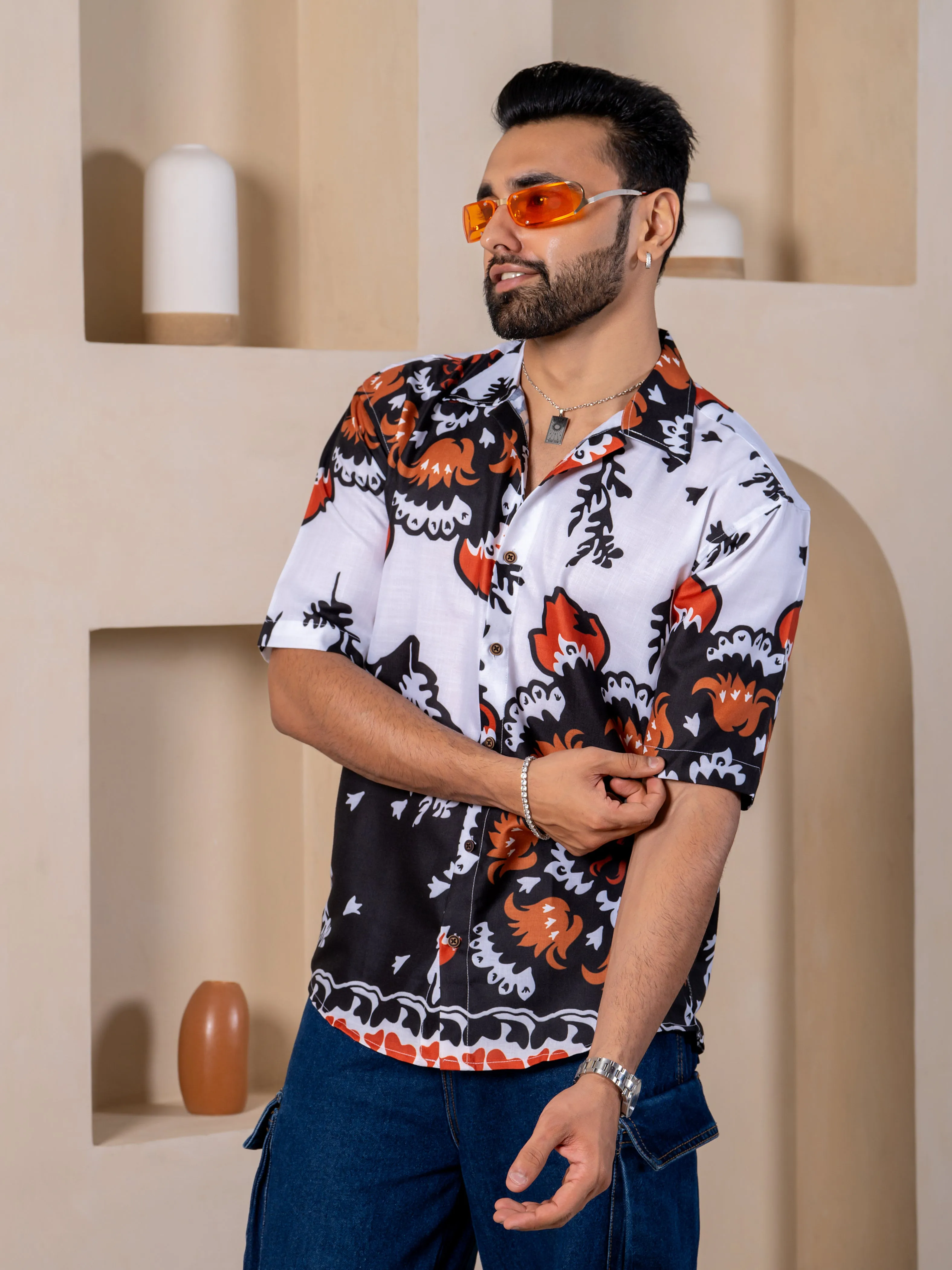 Firangi Yarn White Linen Cuban Collar Fusion Printed Oversize Shirt - Floral Print