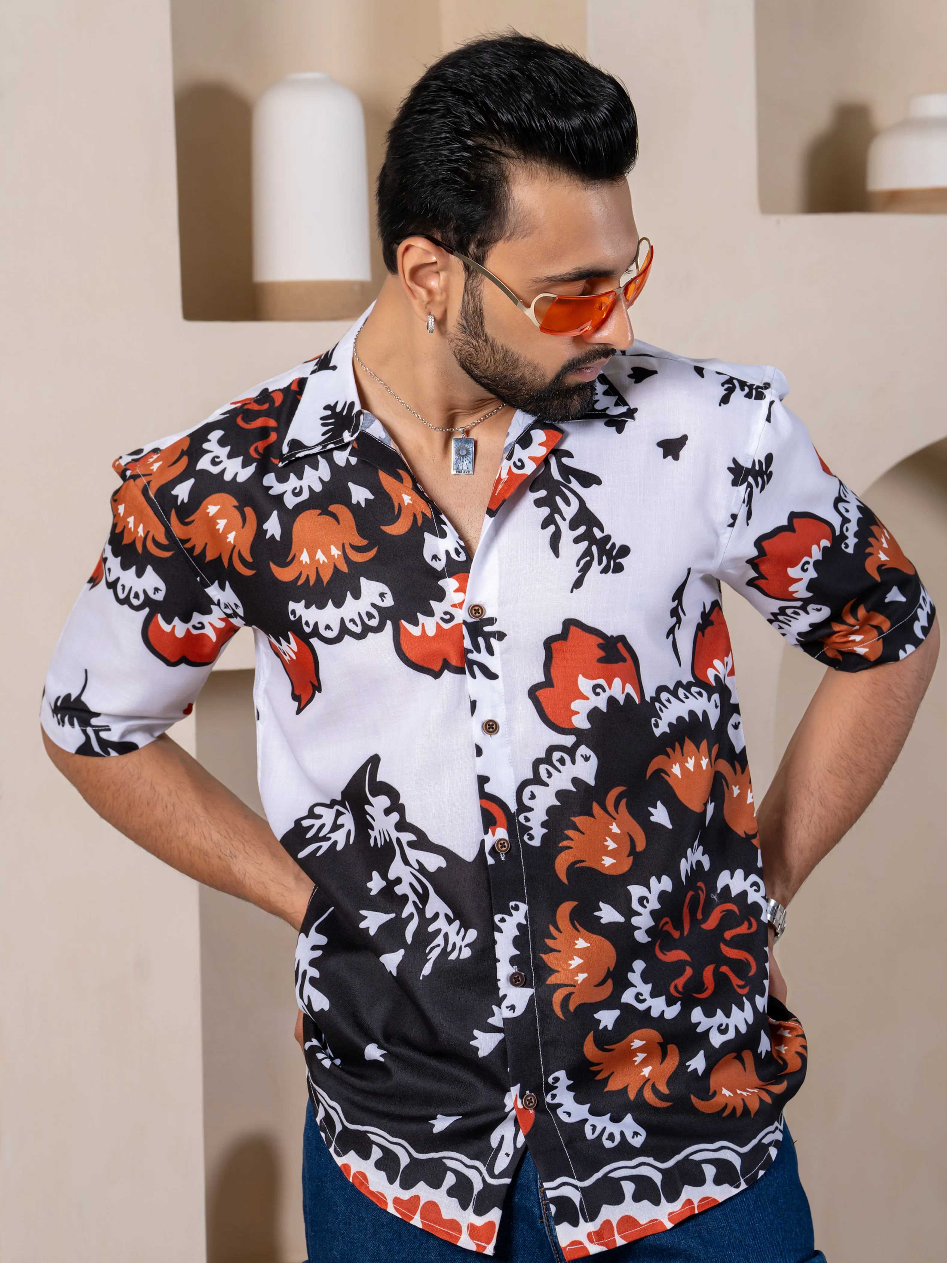 Firangi Yarn White Linen Cuban Collar Fusion Printed Oversize Shirt - Floral Print