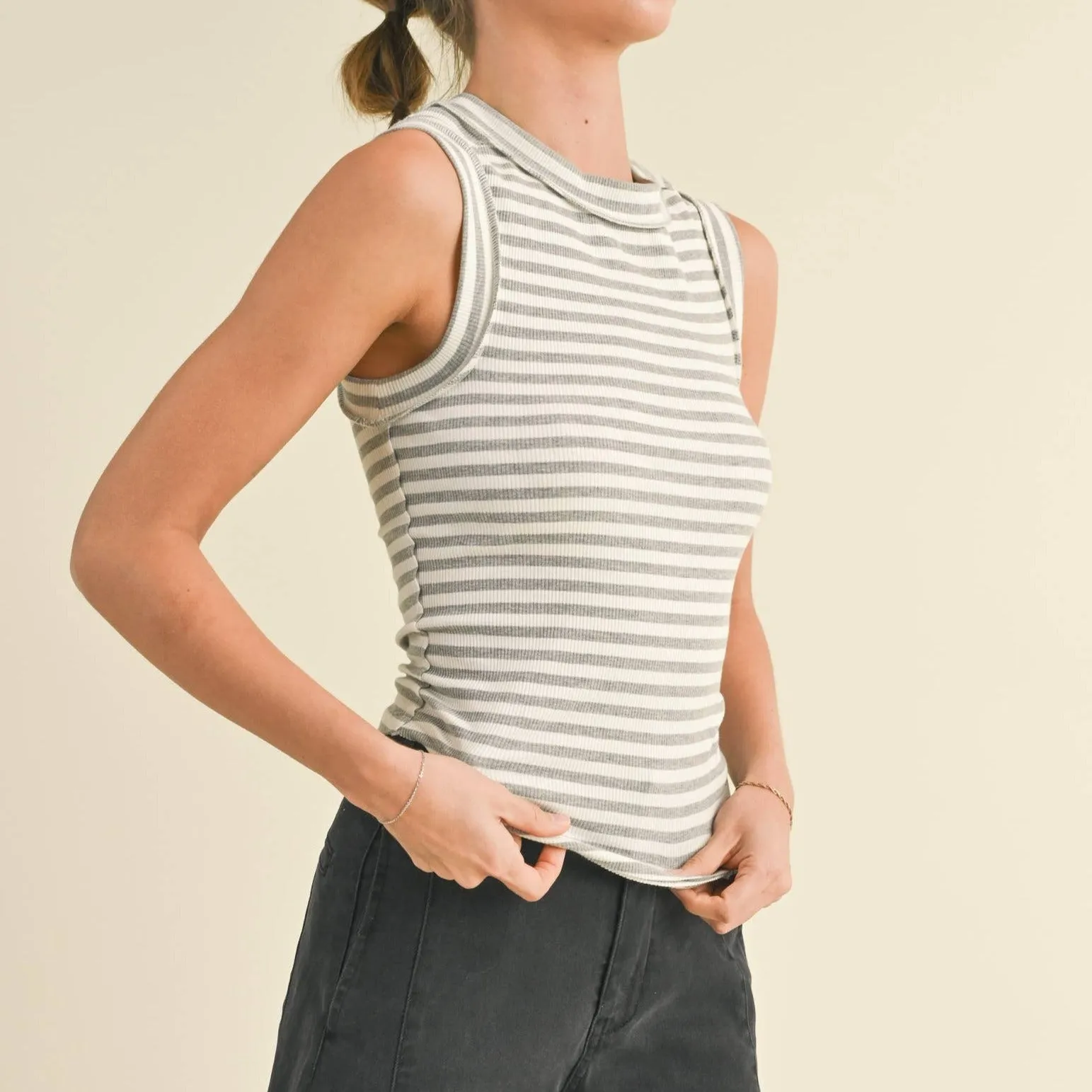 Grey Stripe Ribbed Sleeveless Top