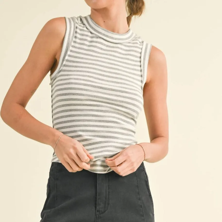 Grey Stripe Ribbed Sleeveless Top