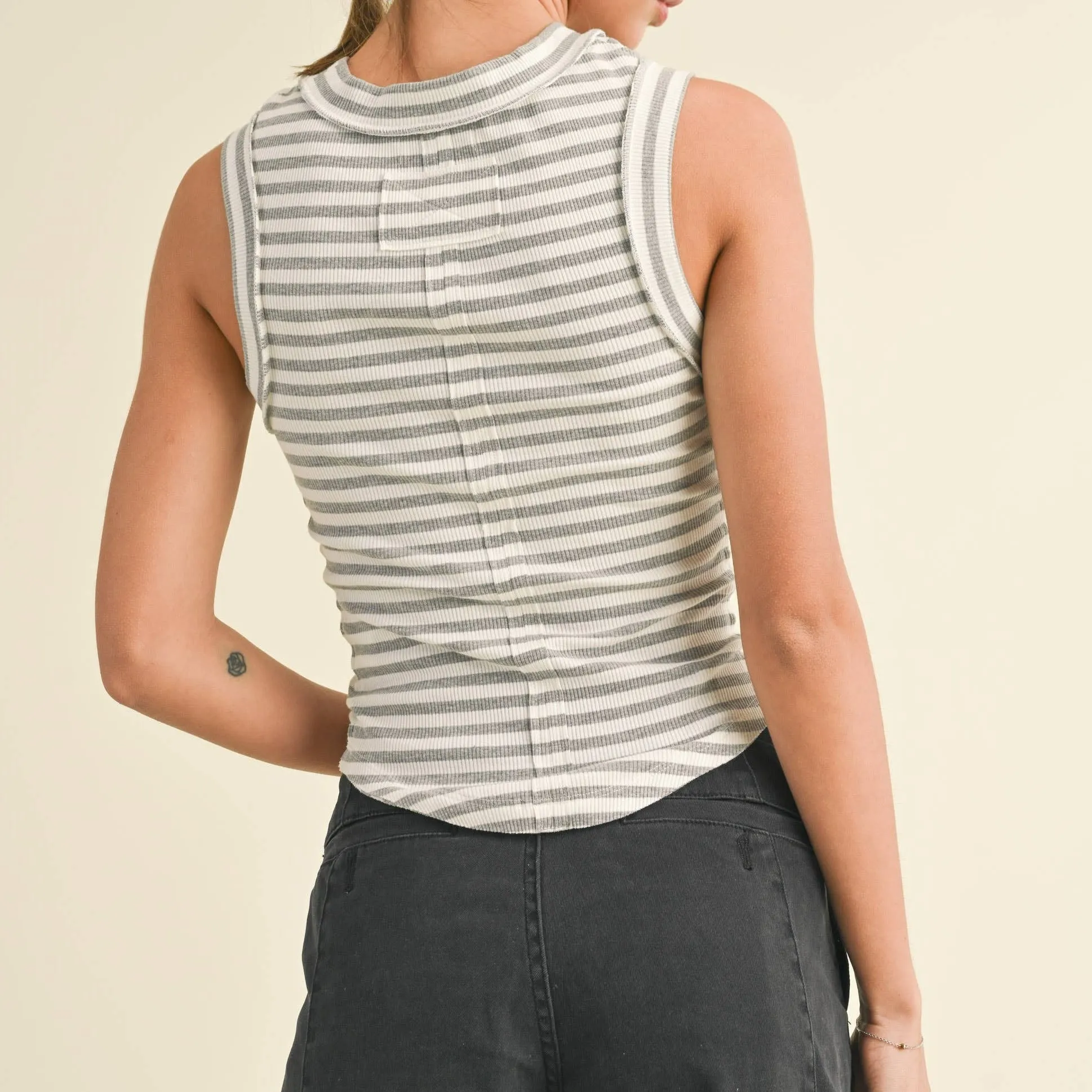 Grey Stripe Ribbed Sleeveless Top