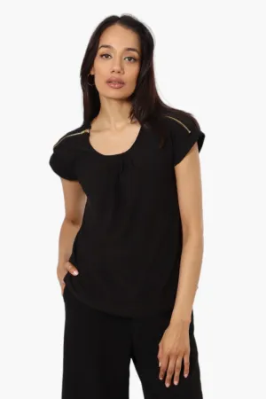 International INC Company Zip Shoulder Cap Sleeve Blouse - Black