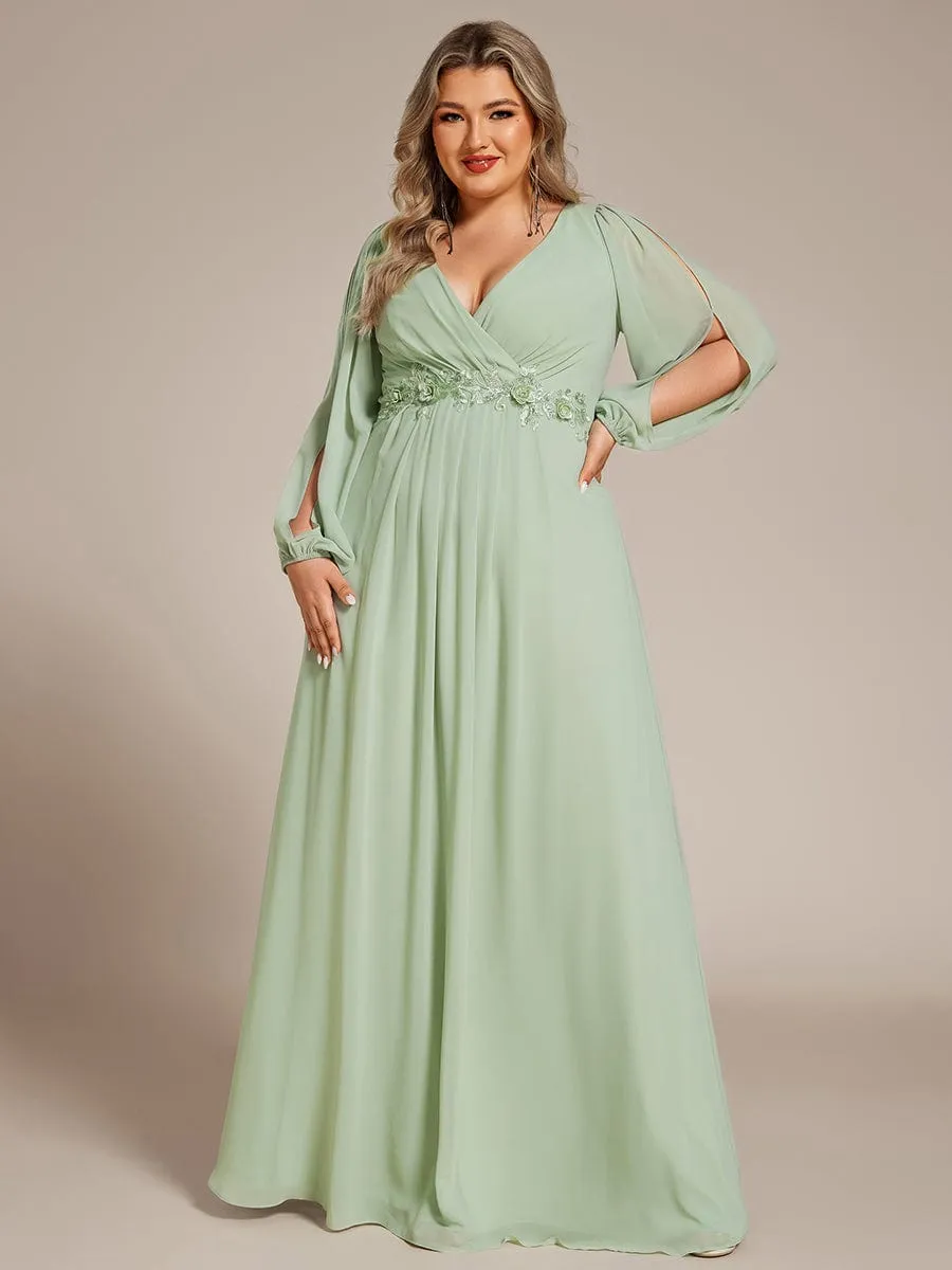 Iris | Stylish Plus Size Chiffon Formal Evening Dresses with Long Lantern Sleeves