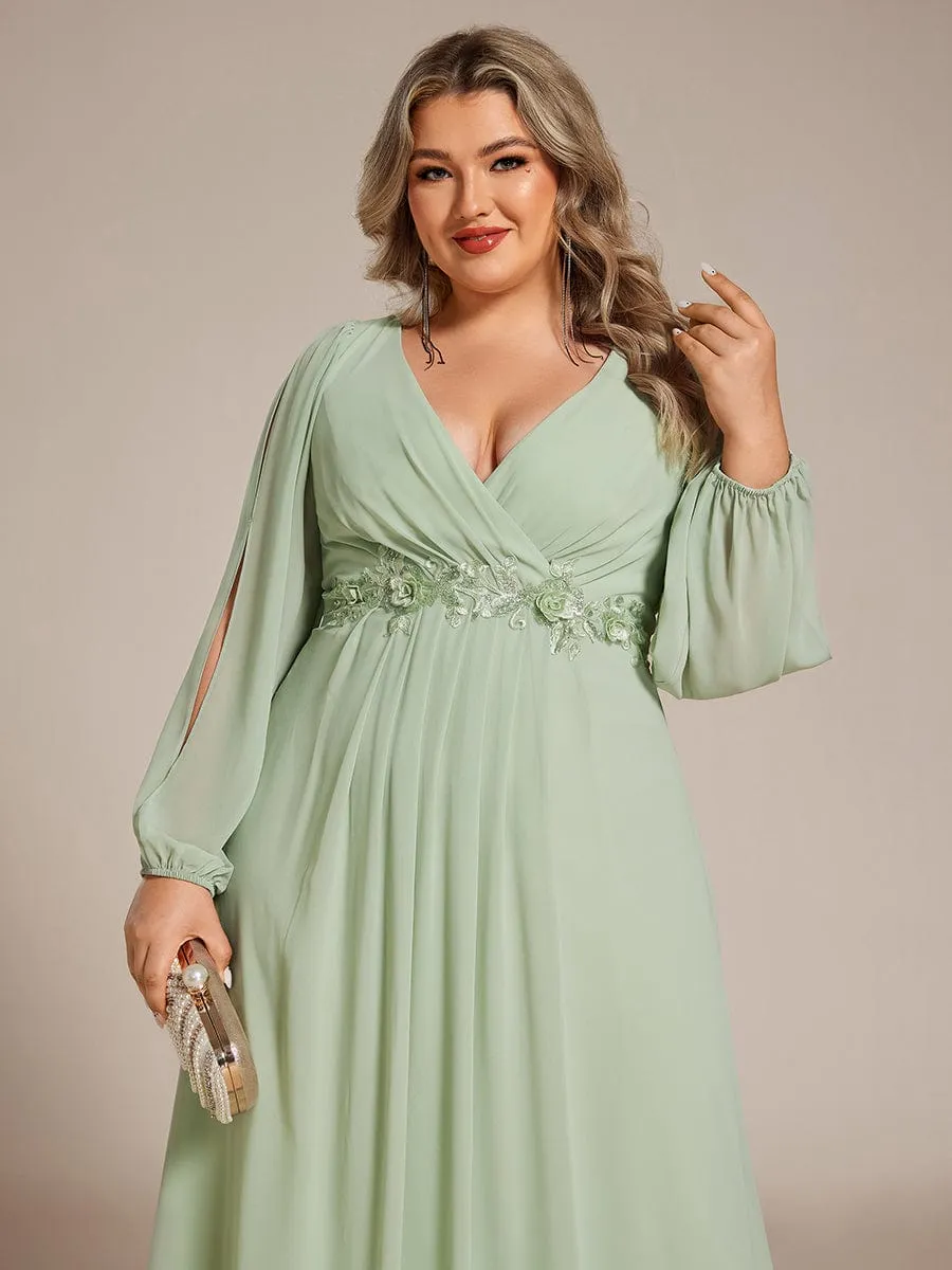 Iris | Stylish Plus Size Chiffon Formal Evening Dresses with Long Lantern Sleeves