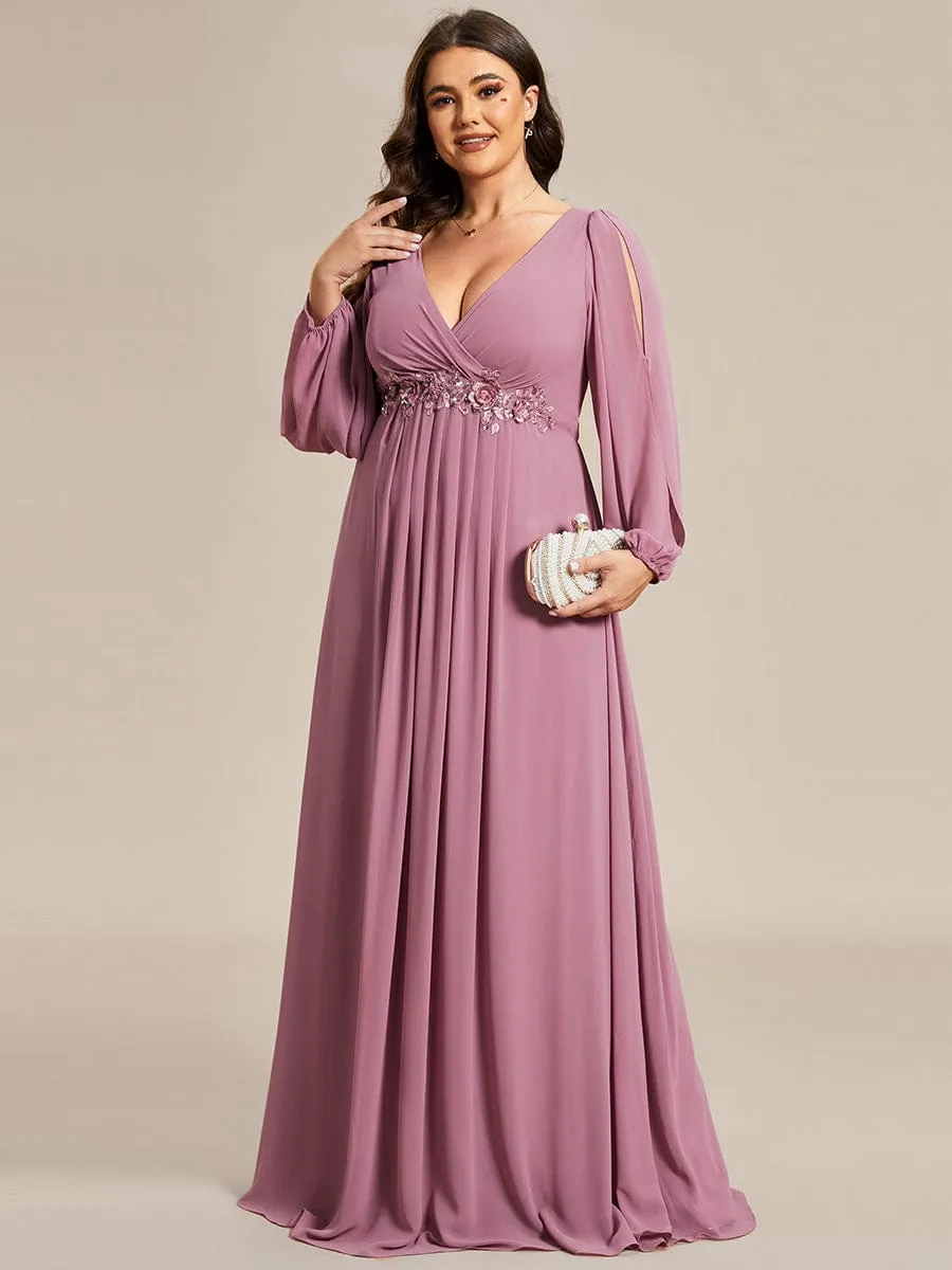 Iris | Stylish Plus Size Chiffon Formal Evening Dresses with Long Lantern Sleeves