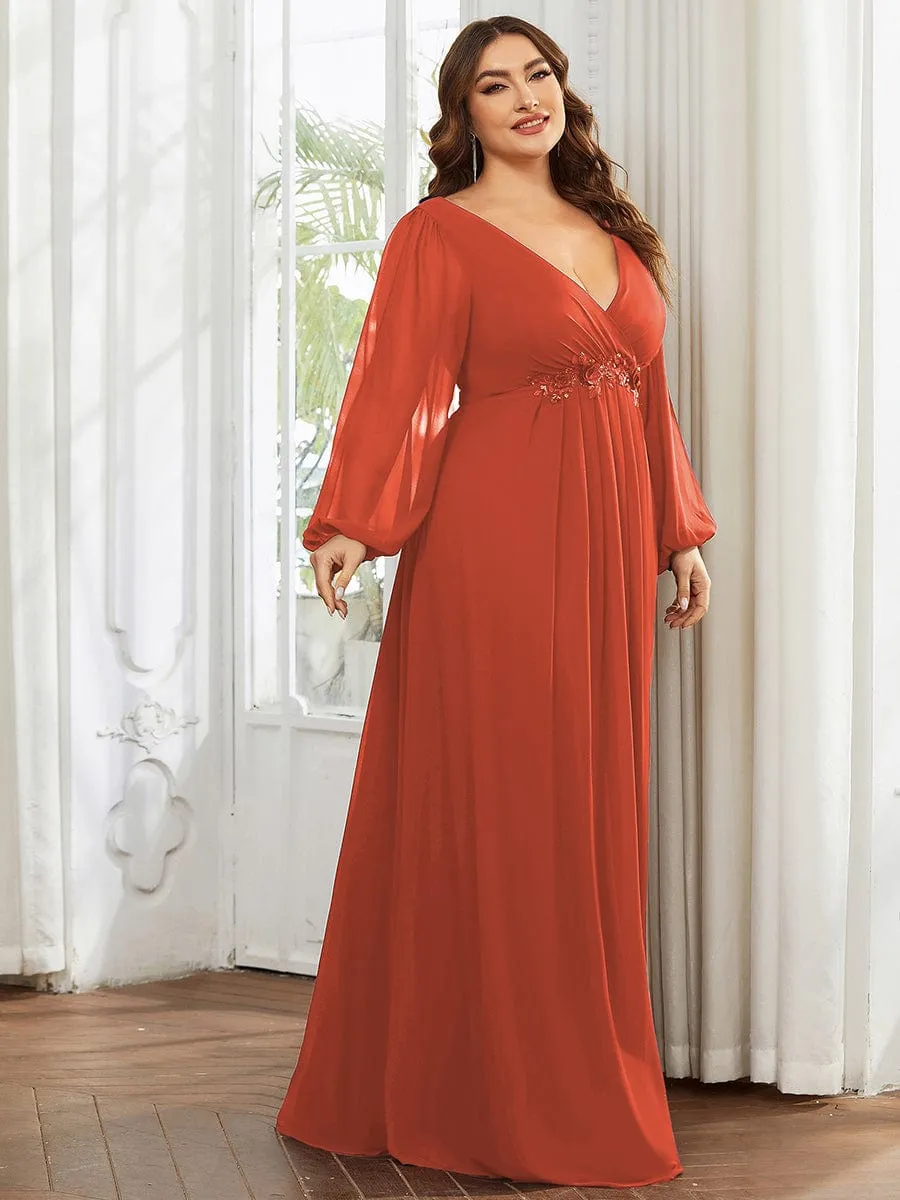 Iris | Stylish Plus Size Chiffon Formal Evening Dresses with Long Lantern Sleeves