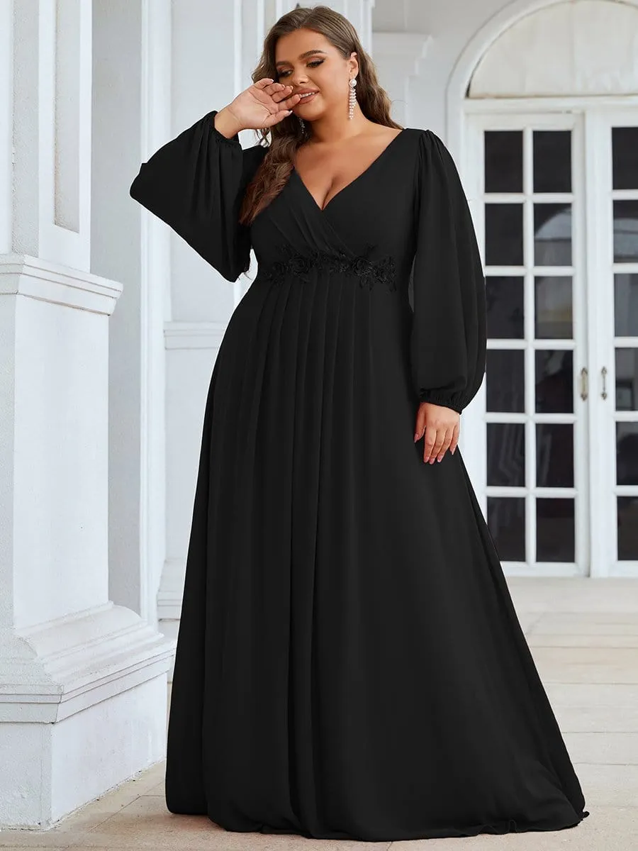 Iris | Stylish Plus Size Chiffon Formal Evening Dresses with Long Lantern Sleeves