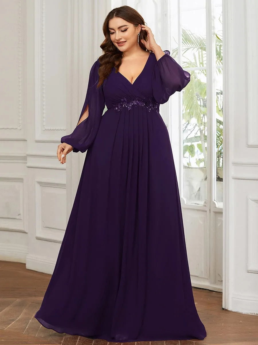 Iris | Stylish Plus Size Chiffon Formal Evening Dresses with Long Lantern Sleeves