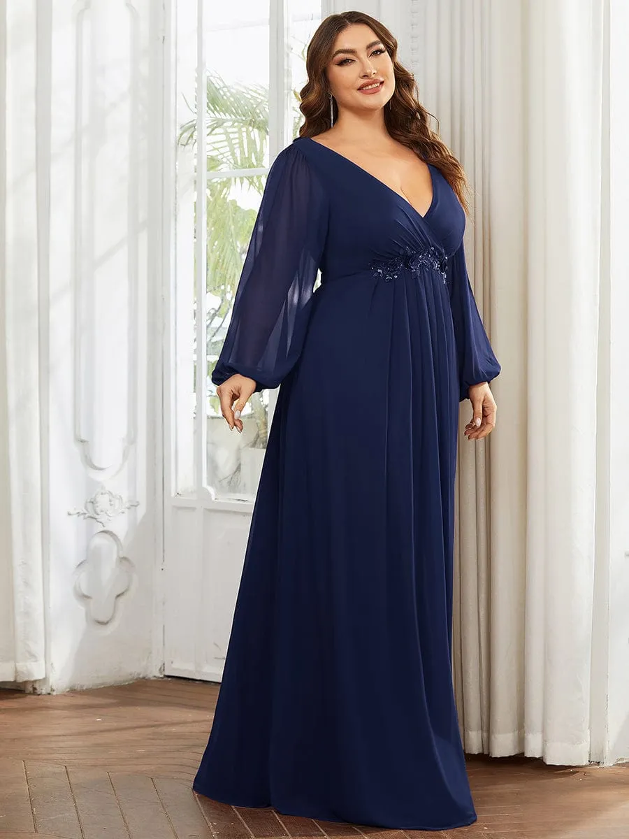 Iris | Stylish Plus Size Chiffon Formal Evening Dresses with Long Lantern Sleeves