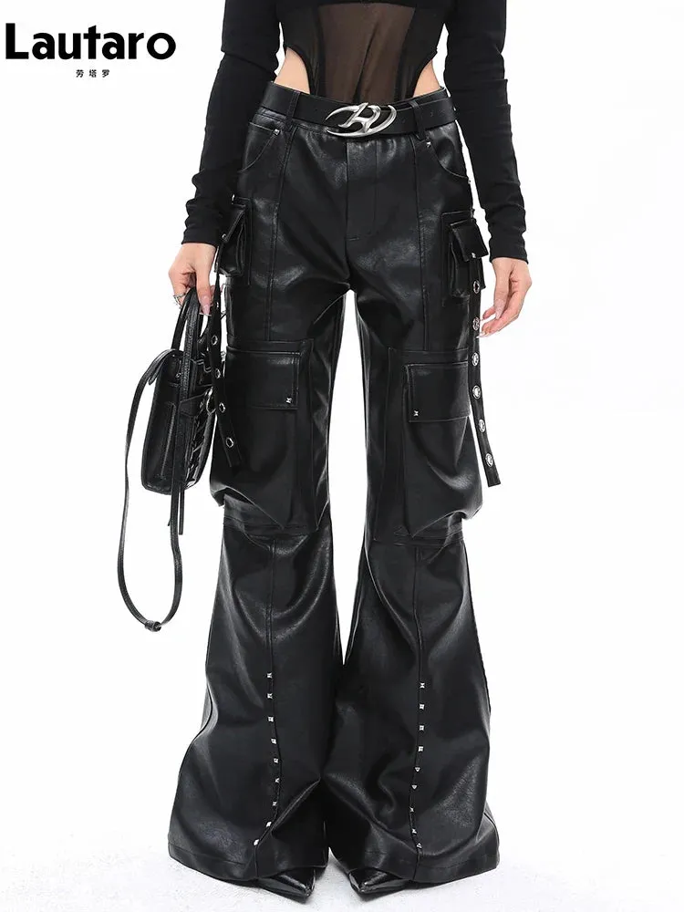 Lautaro Leather for Cargo Soft Black Baggy PU Pants Women