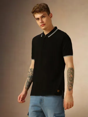 Men's Black Solid Polo Collar Half Sleeves T-shirt