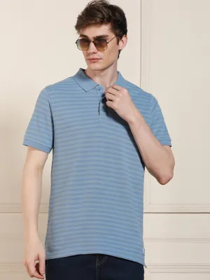 Men's Blue Striped Polo Collar Half Sleeves Casual T-Shirt