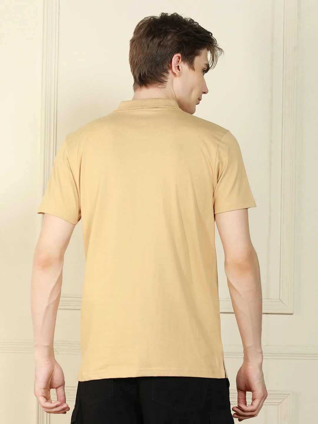 Men's Cream Polo Collar Solid Cotton T-Shirt