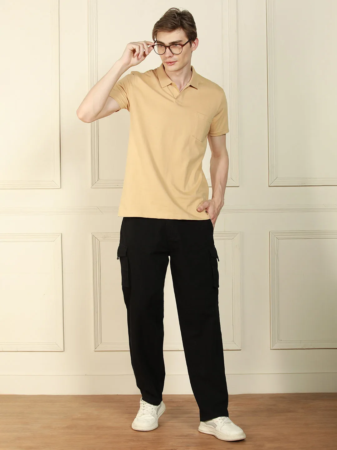 Men's Cream Polo Collar Solid Cotton T-Shirt